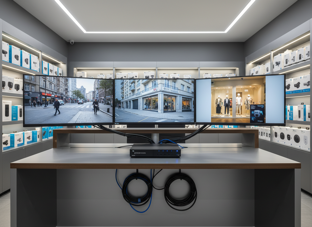 A meticulously arranged security control desk in a modern electronics shop, featuring multiple ultra-thin 4K monitors showing crisp surveillance camera feeds of city streets, apartment entrances, and storefronts. A sleek black NVR unit, labeled with subtle branding, sits beneath the screens, alongside neatly coiled HDMI and network cables. The environment is a clean, well-organized showroom with matte gray walls and illuminated glass shelving filled with boxed security cameras and alarm kits. Neutral, diffused ceiling lighting creates balanced, shadow-free illumination, emphasizing professionalism and reliability. Captured at eye level with sharp focus throughout and a slight wide-angle composition, the photographic realism highlights both the technology and the orderly workspace, conveying trust, expertise, and modern security solutions.